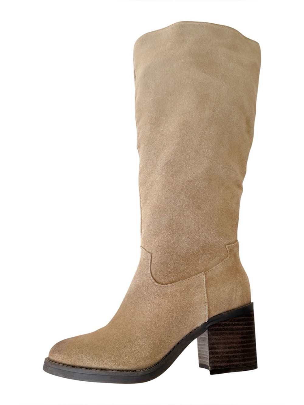 NWOB Crown Vintage Tan Deni Knee High Boot Suede Leather 2.75” Heel Size 7 Wide